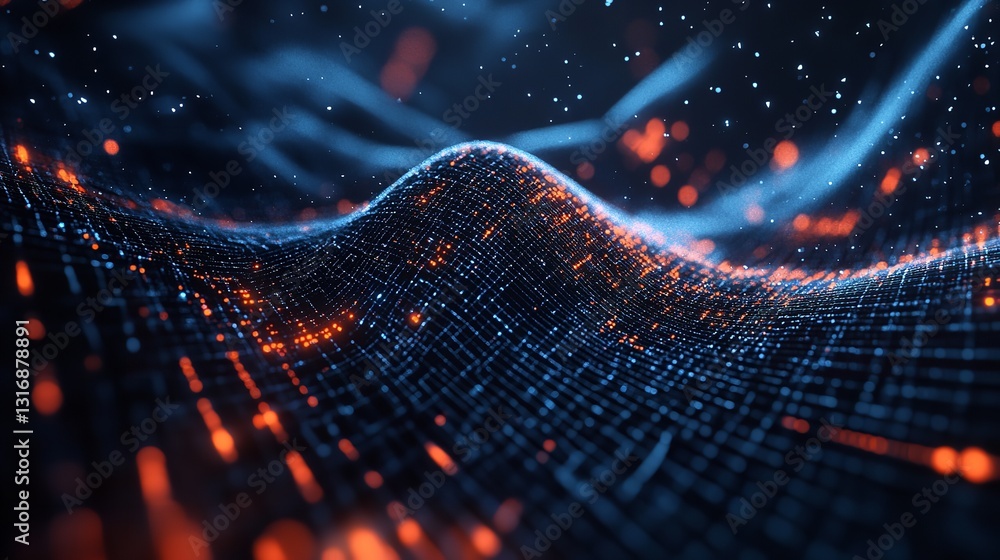 Aufkleber abstract digital waveform blue orange glowing grid network futuristic technology data visualization 