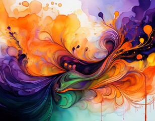 Colorful abstract painting mixing orange and purple with swirls and drips