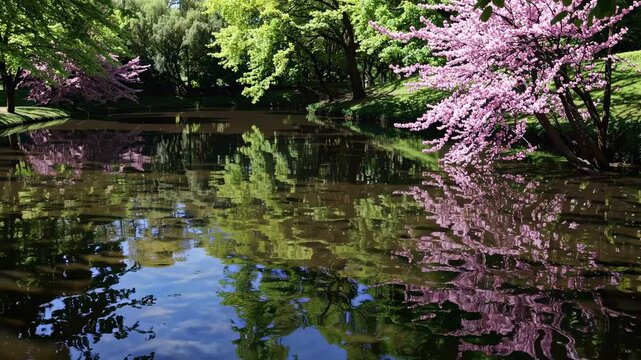 Pink flowers of an Eastern Redbud tree mirrored in the calm pond water, gently rippled by a soft breeze on a sunny spring day