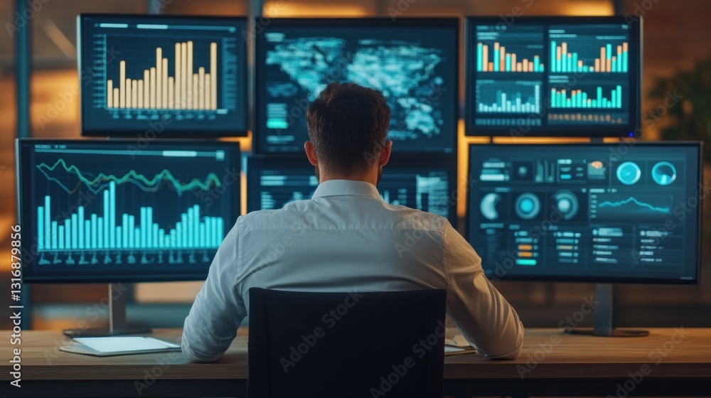 Poster professional analyst reviewing complex data visualizations on multiple screens in a modern office en