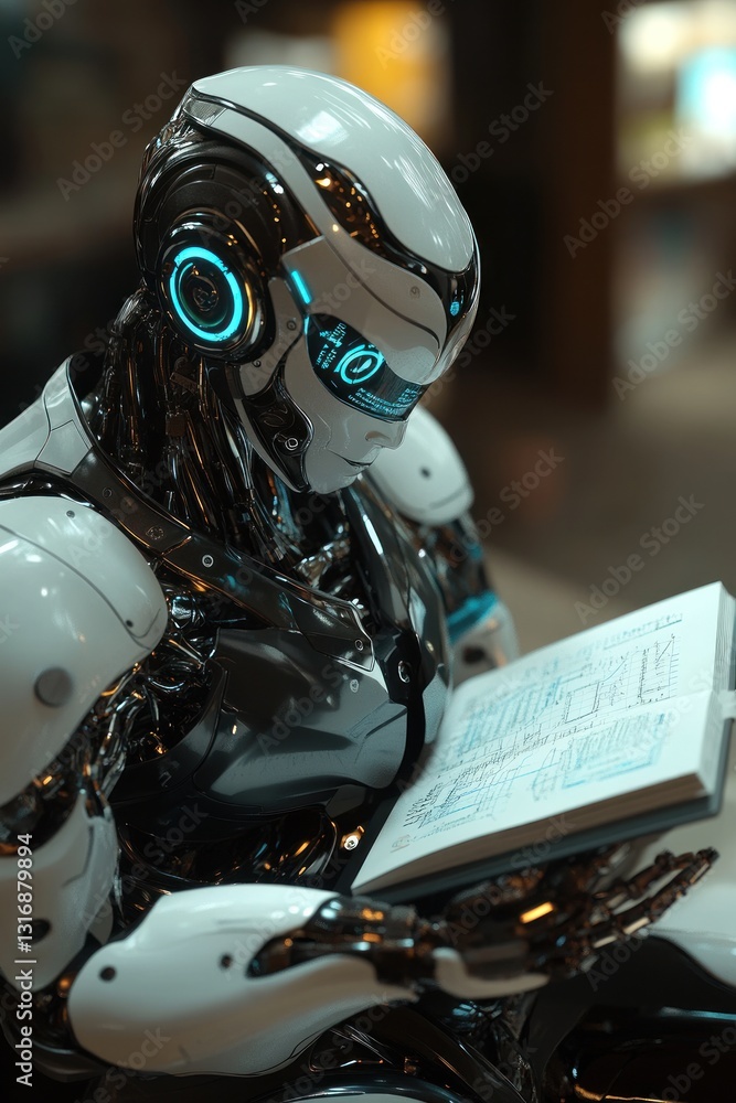 Poster robot reading a book in a modern library setting