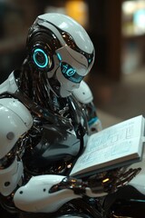 Fototapeta premium Robot reading a book in a modern library setting
