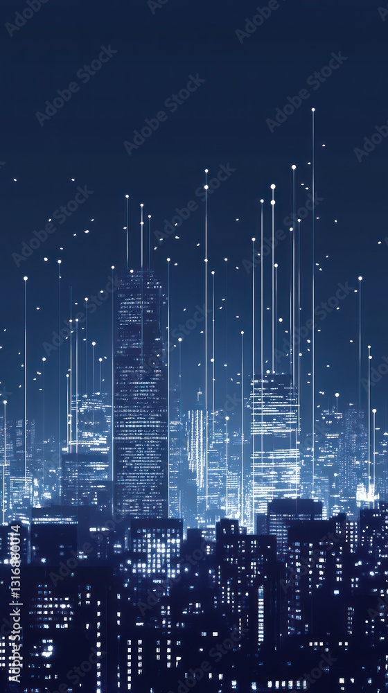 Aufkleber a futuristic city skyline illuminated at night with glowing lines and dots representing data flow in