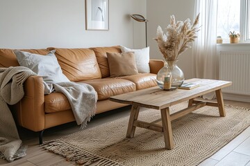 Minimalist, modern Scandinavian interior design in the living room with wood-fired coffee tables and brown leather sofas visible. Generative AI
