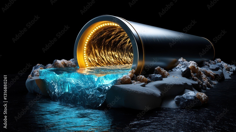 Poster surreal pipe structure with flowing water and illuminated circular opening against a dark background