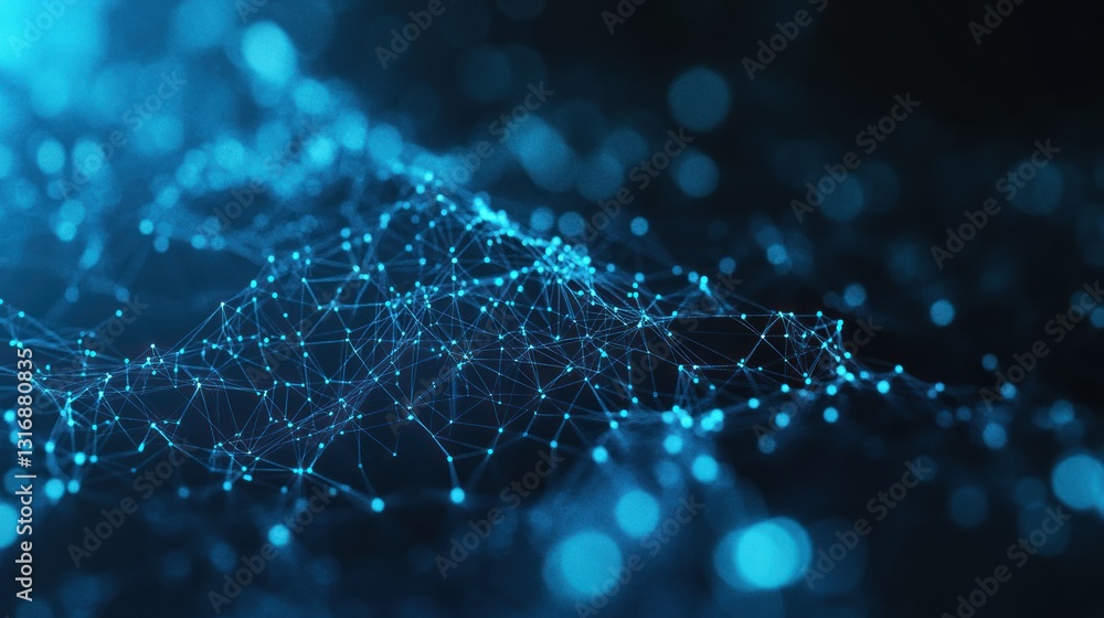 Poster abstract representation of a network of glowing blue dots and lines, symbolizing data connectivity i
