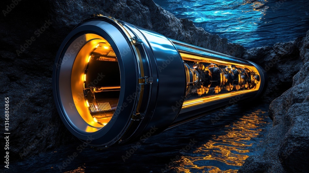 Poster underwater architecture: a futuristic capsule with glowing elements in an aquatic environment
