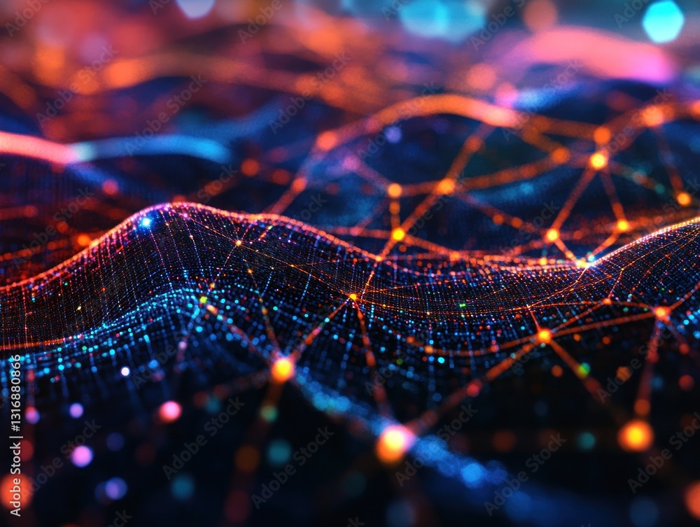 Poster abstract representation of interconnected data points and flowing lines illuminated in vibrant color