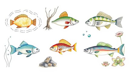 Naklejka premium Colorful Fish Illustrations Aquatic Life Underwater Scene Nature Art