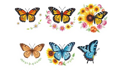 Colorful Butterflies Floral Wreaths Spring Nature Illustration