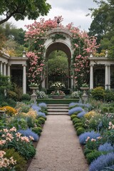 Obraz premium A serene garden path adorned with colorful flowers and an elegant archway.