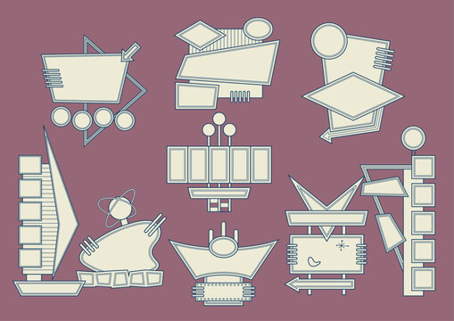 1950s Googie Style Emblems, Labels, Badges, Sings. Mid Century Modern Signboards, 50s Atomic Age Shapes and Colors Advertising Signboard Set 