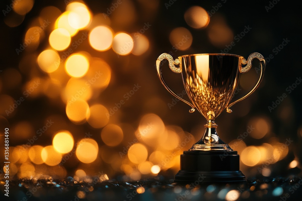 Poster a gleaming golden trophy sits elegantly on a dark surface, illuminated by soft, shimmering bokeh lig