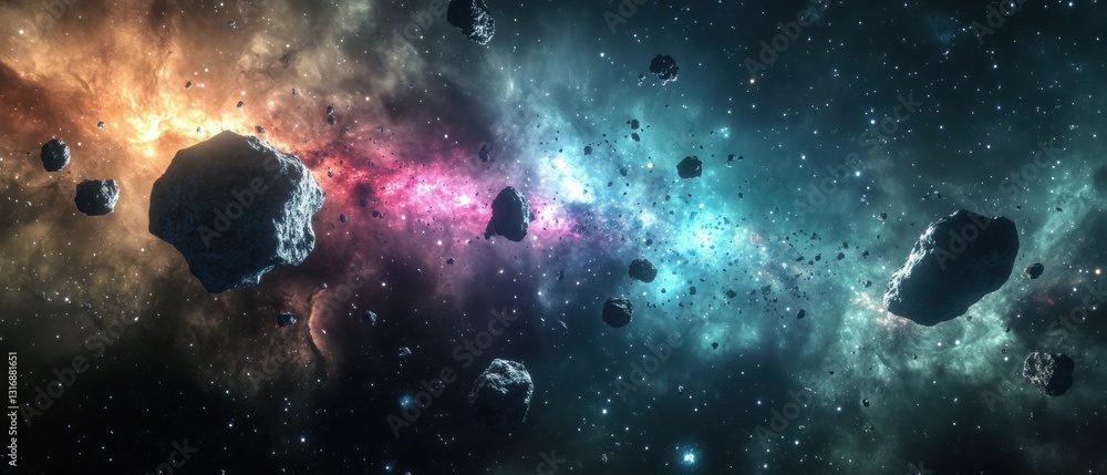 Poster asteroid field in deep space with colorful cosmic background