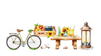 Summer Bicycle Fruit Crate Sunflowers Lantern Table Drinks Seashells