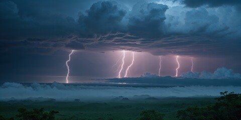 A dramatic lightning storm illuminates a dark sky over a misty landscape.