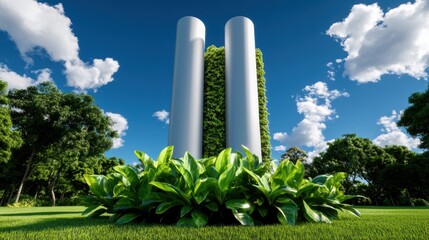 Fototapeta premium Modern Architectural Structure Surrounded by Lush Greenery Under a Bright Blue Sky with Fluffy White Clouds