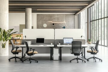 Modern office interior with two workstations, ergonomic chairs, and dividers.