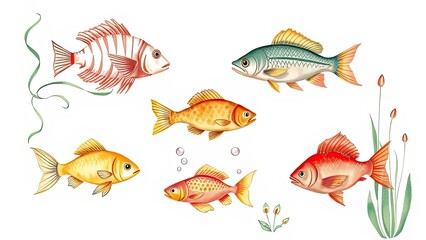 Fototapeta premium Colorful Fish Illustration Aquatic Life Goldfish Koi Tropical Fish Marine Animals