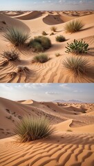 A serene desert landscape showcasing sand dunes and sparse vegetation.