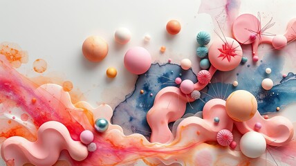 Abstract Pastel 3D Shapes Fluid Art Pink Orange Blue Background