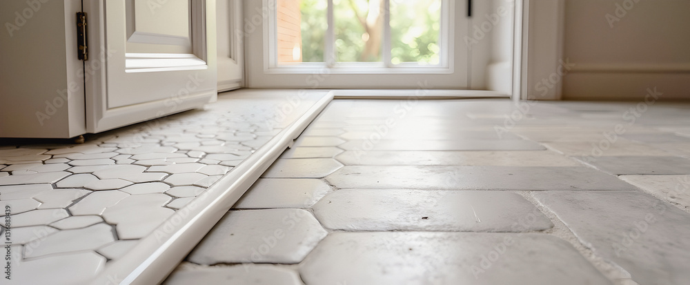 Aufkleber a close-up view of a textured floor transition near an entrance, showcasing hexagonal tiles and natu