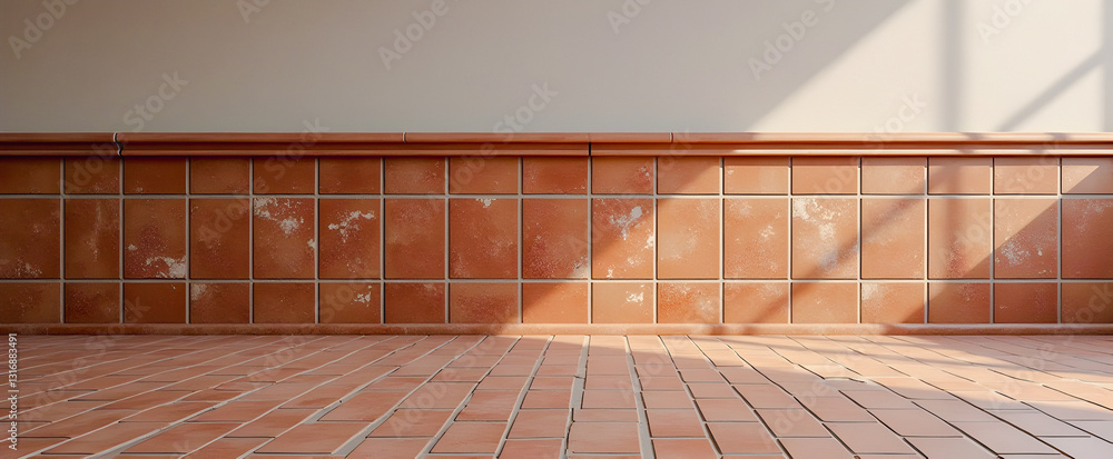 Poster a minimalist interior scene featuring a tiled floor and wall, with soft light casting shadows, creat