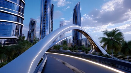 Fototapeta premium Modern Urban Architecture Featuring Innovative Bridge Design and Sleek High-Rise Buildings Under Dramatic Sky