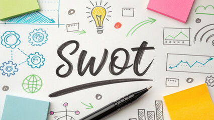 SWOT analysis concept with colorful sticky notes and diagrams, showcasing strategic planning and brainstorming ideas. image captures creativity and organization in workspace
