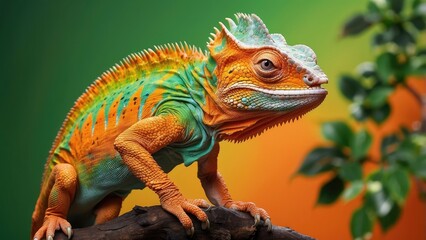 Obraz premium A vibrant illustration of a chameleon holding a vintage megaphone, with its mouth wide open as if yelling.