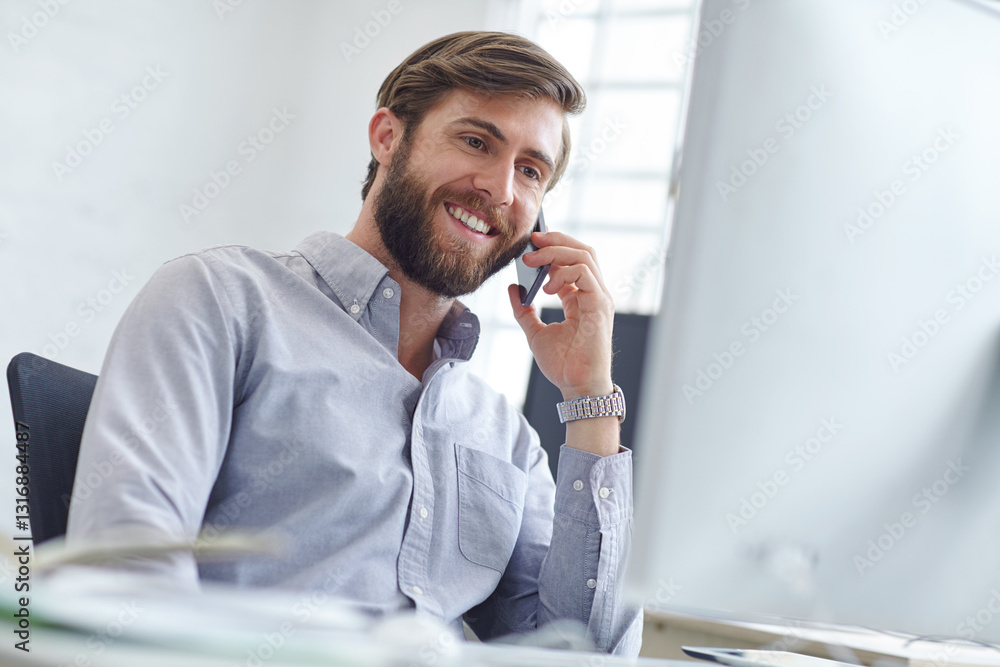 Poster man, phone call and computer for financial consulting in office, helping client and advisory chat. b