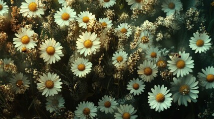A bee-eye view of chamomile flowers, showcasing the beauty of pollination