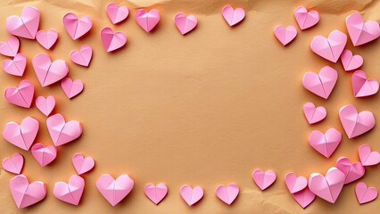 Fototapeta premium Pink Origami Hearts Frame on Peach Background Romantic Love Banner