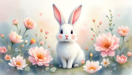 A dreamy watercolor illustration of a pastel Easter bunny, softly blending into abstract floral patterns with gentle brush strokes in pink, blue, and lavender hues, creating a delicate, whimsical feel