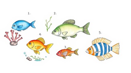 Naklejka premium Colorful Fish Illustration Marine Life Ocean Animals Underwater Scene Aquatic Sea Creatures Kids