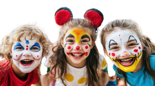 "A group of kids making funny faces with face paint, isolated on transparent background, at a fun fair or carnival. - Powered by Adobe