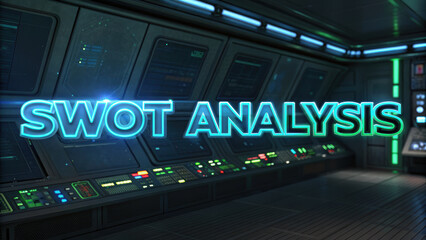 SWOT analysis text effect in futuristic control room setting, showcasing glowing letters and high tech interface elements. atmosphere is modern and dynamic