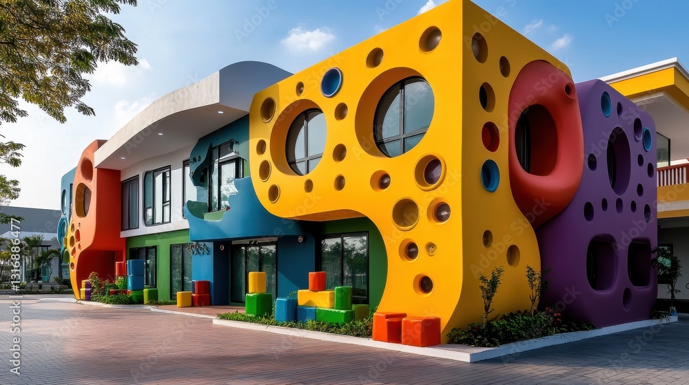 Poster vibrant modern architecture with playful colorful facade and unique window design in urban setting