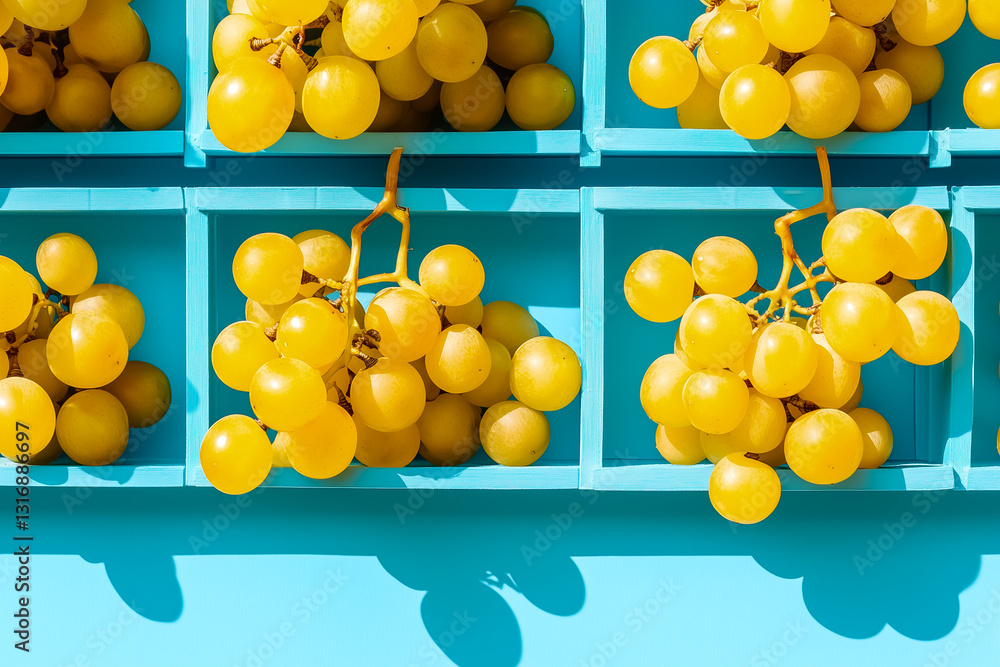 Poster neatly organized yellow grapes rest in blue crates, showcasing their vibrant color and smooth textur