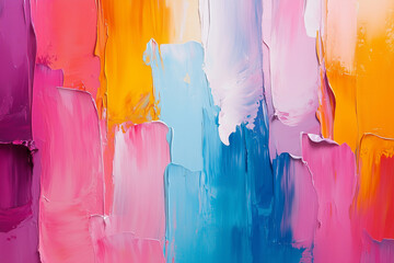 Dynamic and colorful abstract painting featuring vertical brushstrokes in various hues, close-up, rough, textured, vibrant appearance with a mix of colors. abstract wallpaper pattern. copy space.