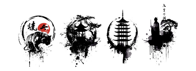 Asian symbol collection, samurai, pagoda circle, ink brush vector, traditional object, watercolor drips, ink design, oriental tiger, calligraphy paintbrush, dye splatter