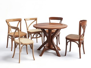 Fototapeta premium A set of dining tables and chairs in different styles, set against a white background. 3D rendering