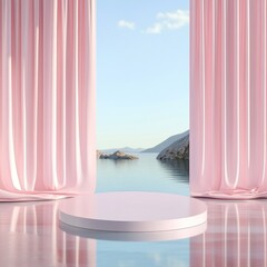Fototapeta premium Pastel pink podium with ocean view