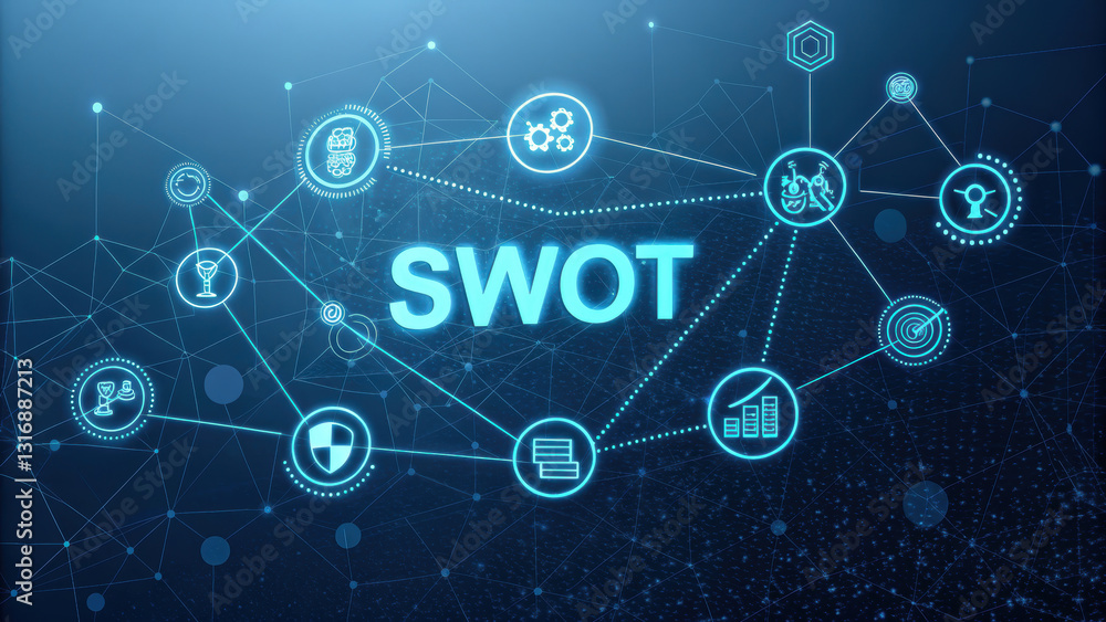 Poster futuristic swot analysis concept with glowing text and interconnected icons. this digital representa