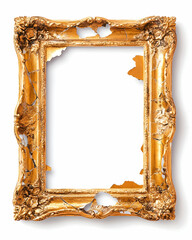 A broken ornate gold picture frame isolated on white  Many pieces are missing