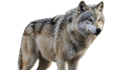 Obraz premium Standing wolf portrait looking right with grey fur on white background