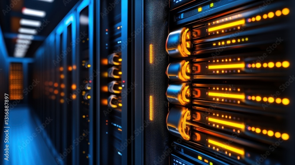 Poster intricate server room architecture with glowing technology in a modern data center