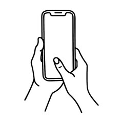 スマホの画面をタップしようとしている手のシンプルな手描き線画イラスト　透過背景の切り抜き