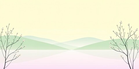 Serene Spring Landscape Pastel Hills Blooming Branches Tranquil Scene