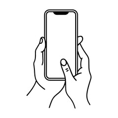 スマホの画面をタップしようとしている手のシンプルな手描き線画イラスト　透過背景の切り抜き